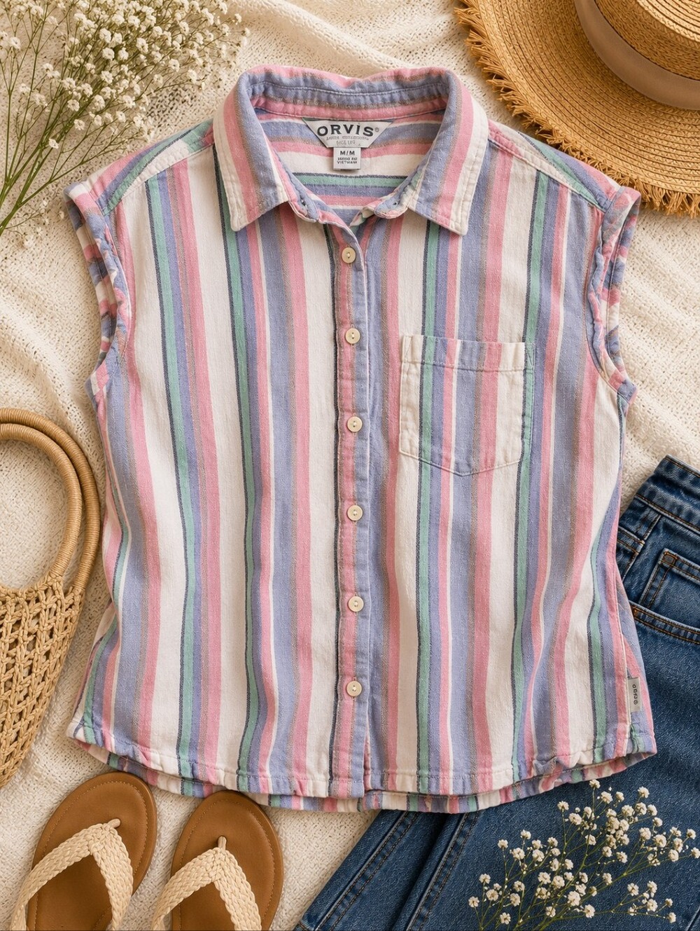 Orvis Linen Blend Striped Button Front Top Medium Pink Blue